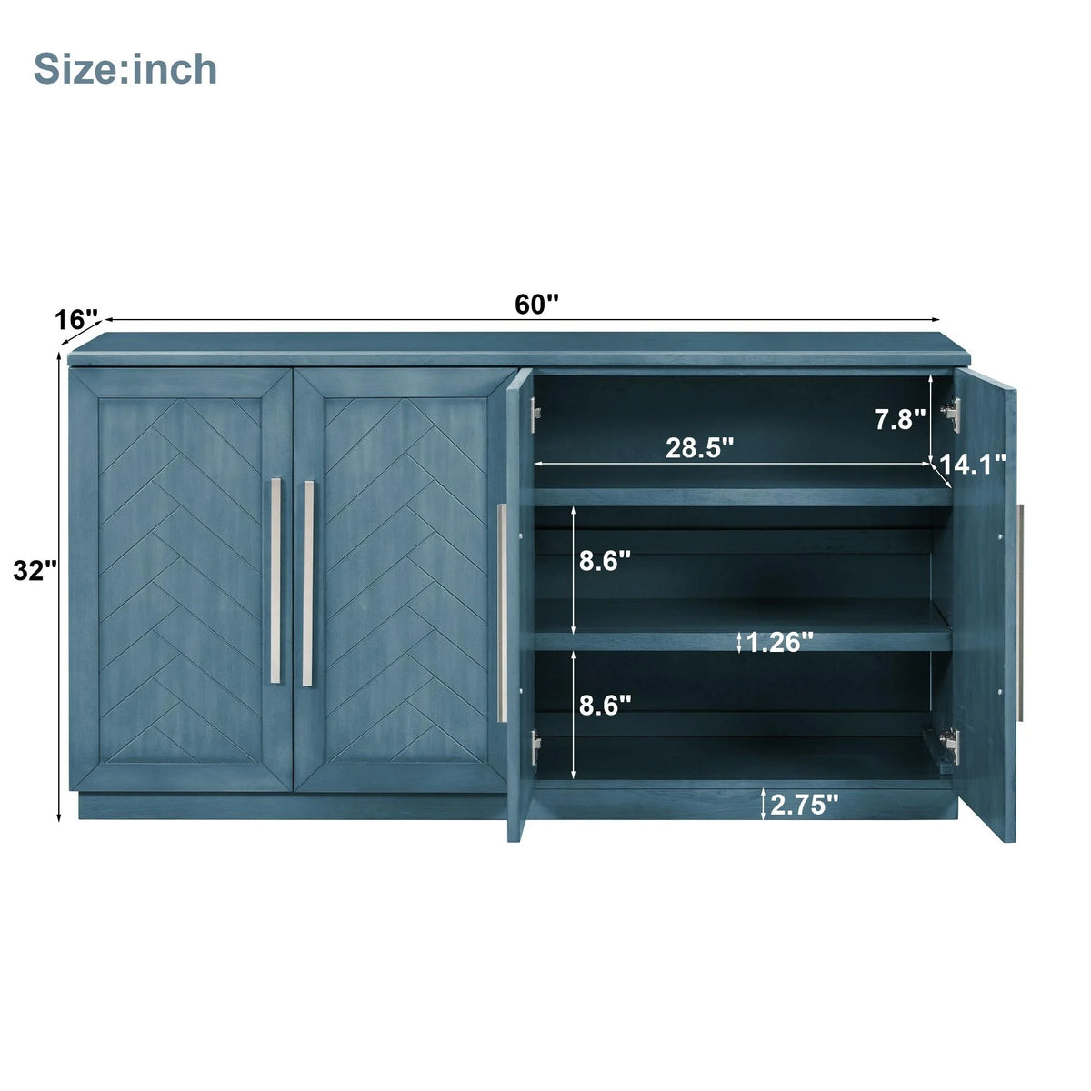 Blue 4 Door Wood Buffet Cabinet with Adjustable Shelves P5516