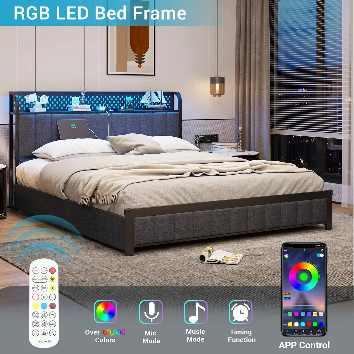 Queen Size Upholstered Metal Platform Bed with LED Headboard and 4 Drawers S145
