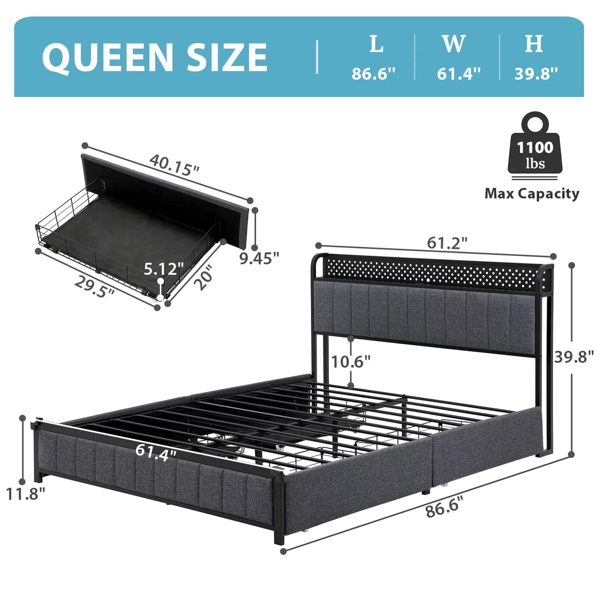 Queen Size Upholstered Metal Platform Bed with LED Headboard and 4 Drawers S145