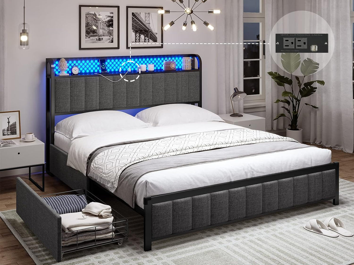 Queen Size Upholstered Metal Platform Bed with LED Headboard and 4 Drawers S145