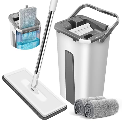 Mop and Bucket with Wringer Set, Flat Mop with 3 Washable Microfiber Pads V73594