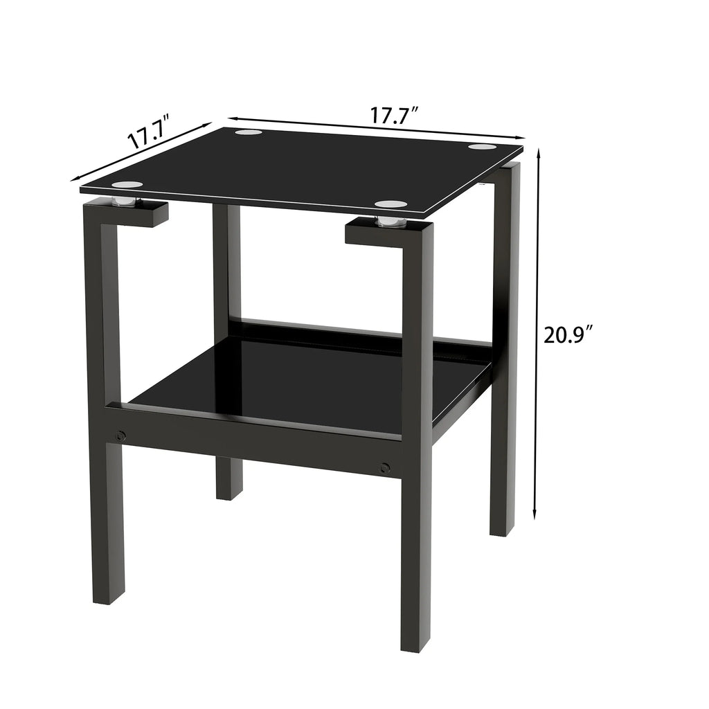 Black Tempered Glass 2-Layer Side Table with Storage Shelf R4565