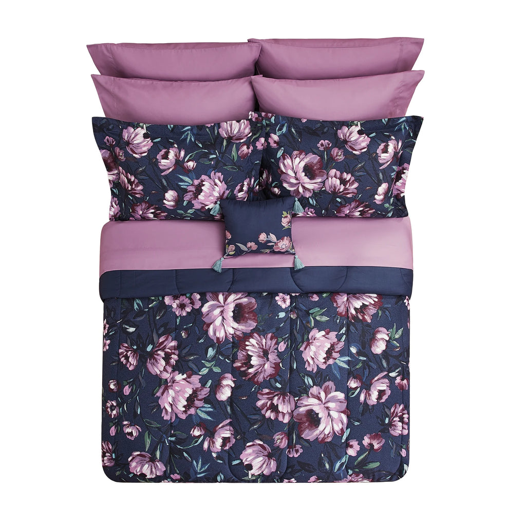 Blue Floral 10 Piece Queen Comforter Set with Sheets K49565